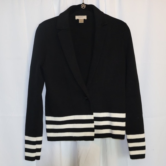 Loft Sailor Knit Jacket Black with White Stripes, One Button Front, Size XS - Picture 12 of 12